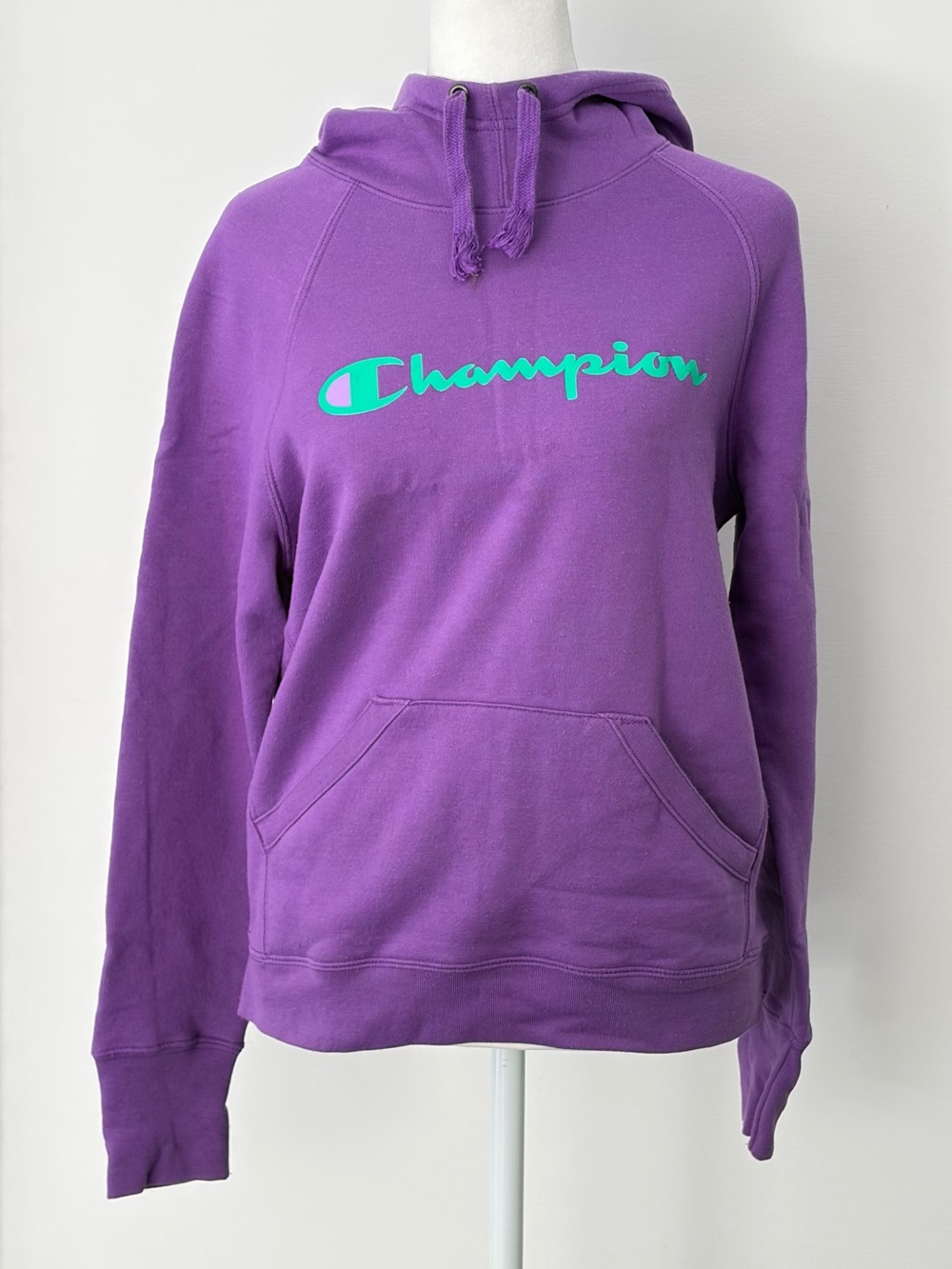 Champion Purple Hoodie with Teal Script Logo